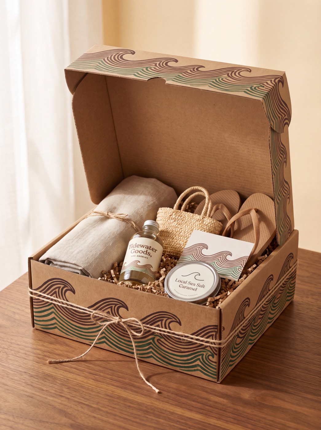 A prototype Beach Box, a kraft box painted with waves holding a towel, straw bag, and sandals